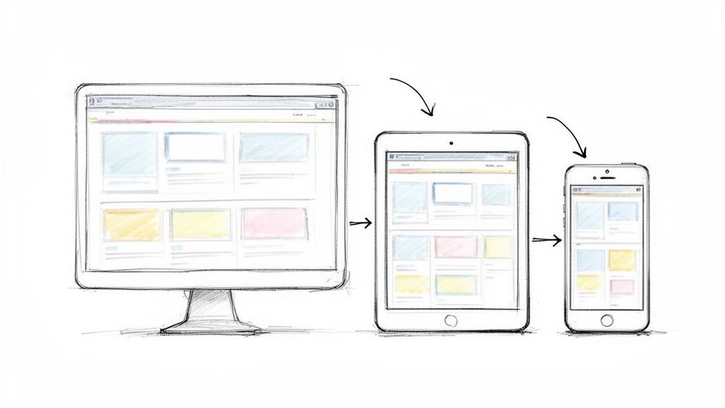 A sketch showing responsive web design, where a website adapts its layout from a desktop screen to a tablet and a smartphone.
