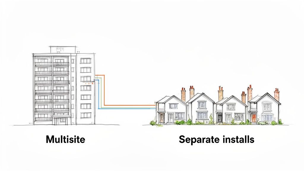 Diagram comparing multisite connections for a tall building versus separate installs for multiple houses.