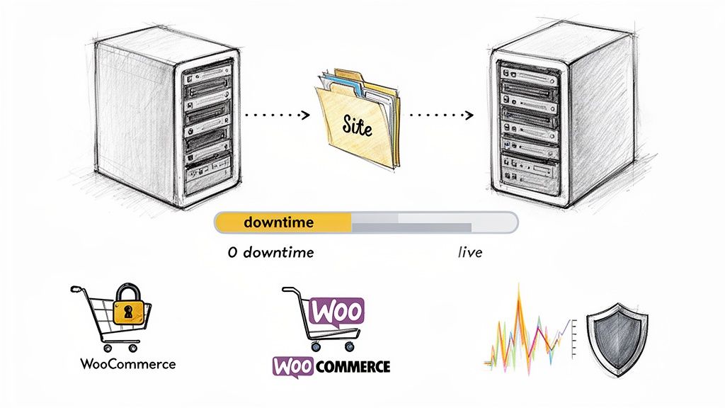 Illustration showing a site migration between servers with zero downtime for a WooCommerce website, highlighting security.