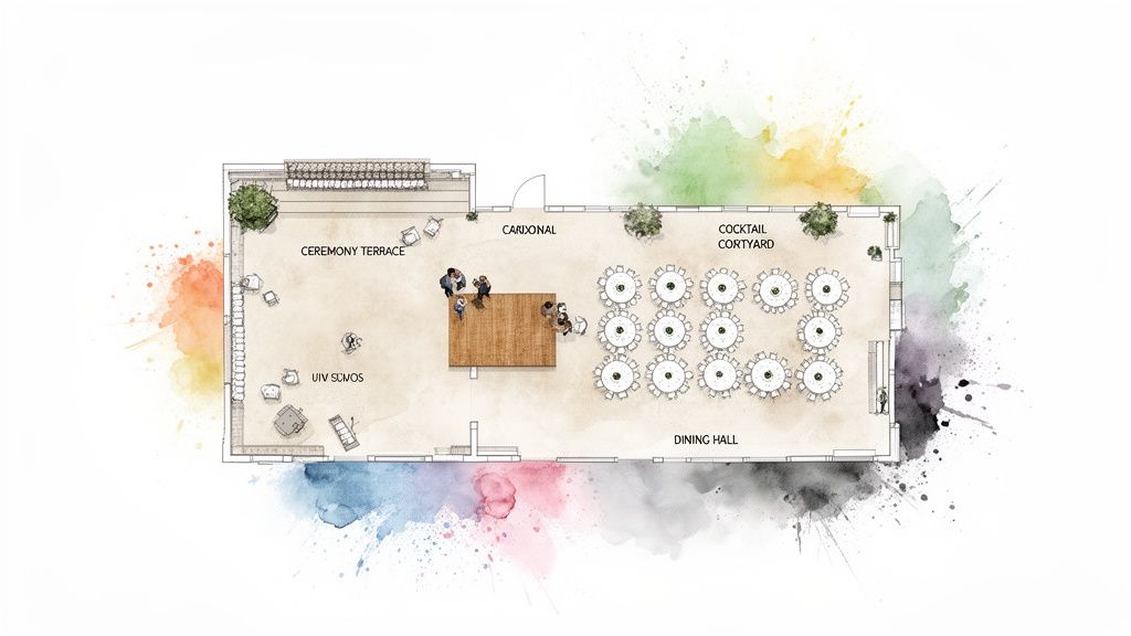 Overhead floor plan of an event venue with a dining hall, cocktail courtyard, and ceremony terrace.