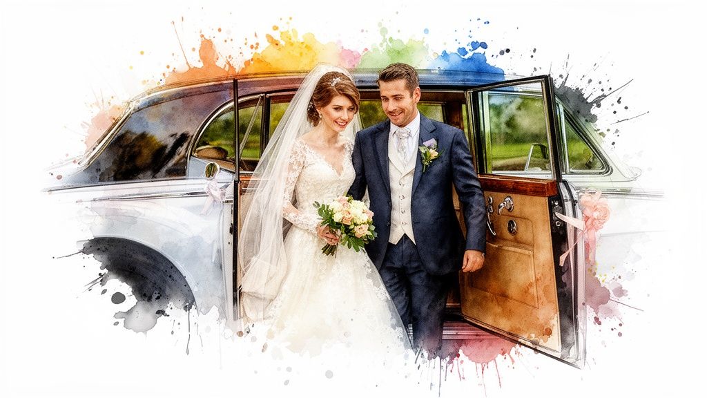 A watercolor image of a happy newlywed couple, smiling and exiting a classic wedding car.