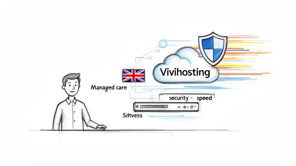 A diagram illustrating Vivihosting cloud services, featuring a man, UK flag, security shield, and speed.