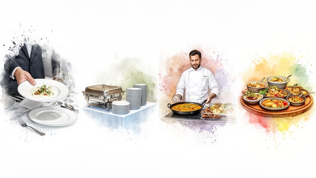 A collage showing various catering aspects: a waiter serving, buffet dishes, a chef cooking, and a selection of prepared meals.