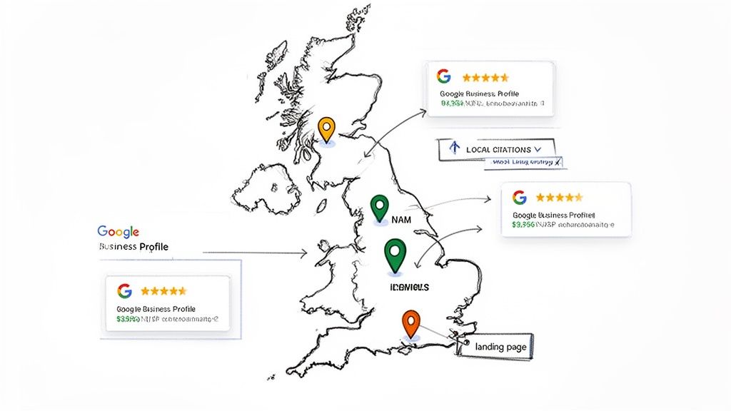 Map of UK illustrating Google Business Profile listings, local citations, and a landing page for SEO strategy.