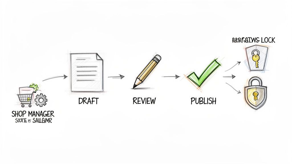 A workflow diagram illustrating content creation from input to draft, review, publish, and locking.