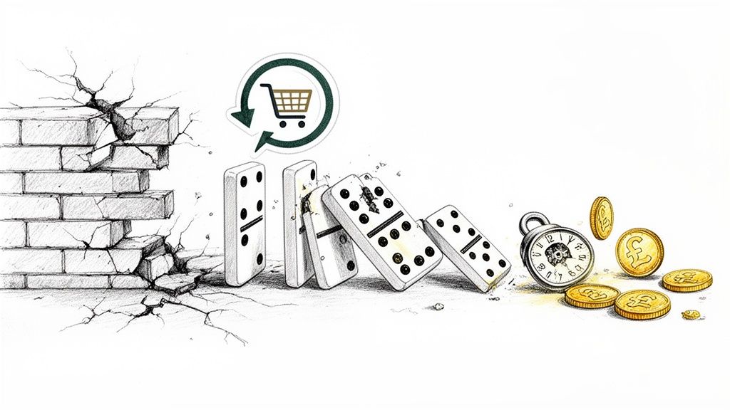 Illustration of a domino effect: cracked wall, falling dominos, shopping cart return icon, broken clock, and scattered money.