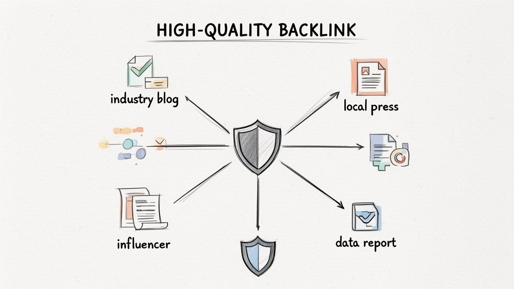 Diagram illustrating sources of high-quality backlinks, including industry blogs, local press, influencers, and data reports.