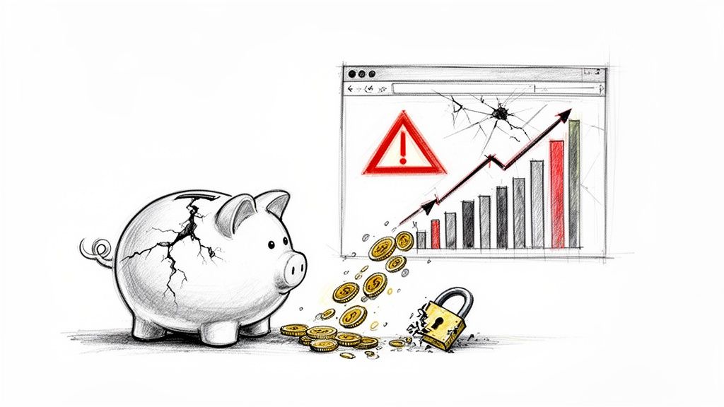 A drawing of a cracked piggy bank spilling coins, a broken padlock, and a damaged browser showing an alert and rising chart.