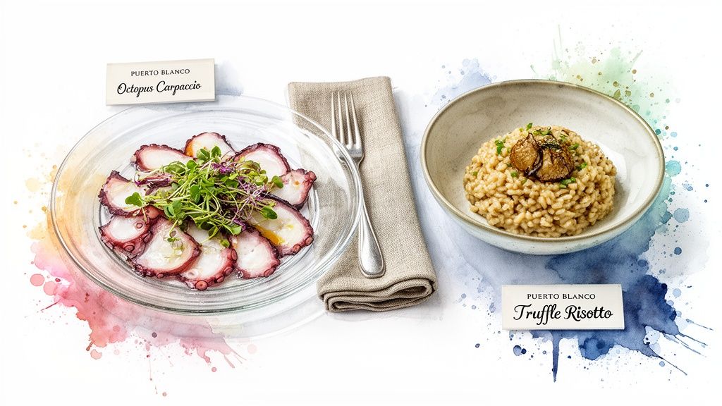 Delicious Octopus Carpaccio and Truffle Risotto plates from Puerto Blanco restaurant.