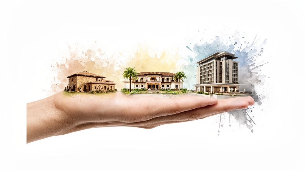 A hand holds three different buildings: a rustic house, a mansion, and a modern hotel.