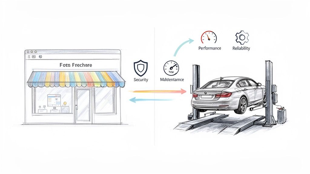 A sketch illustrates website security and maintenance concepts using a storefront and a car service lift.