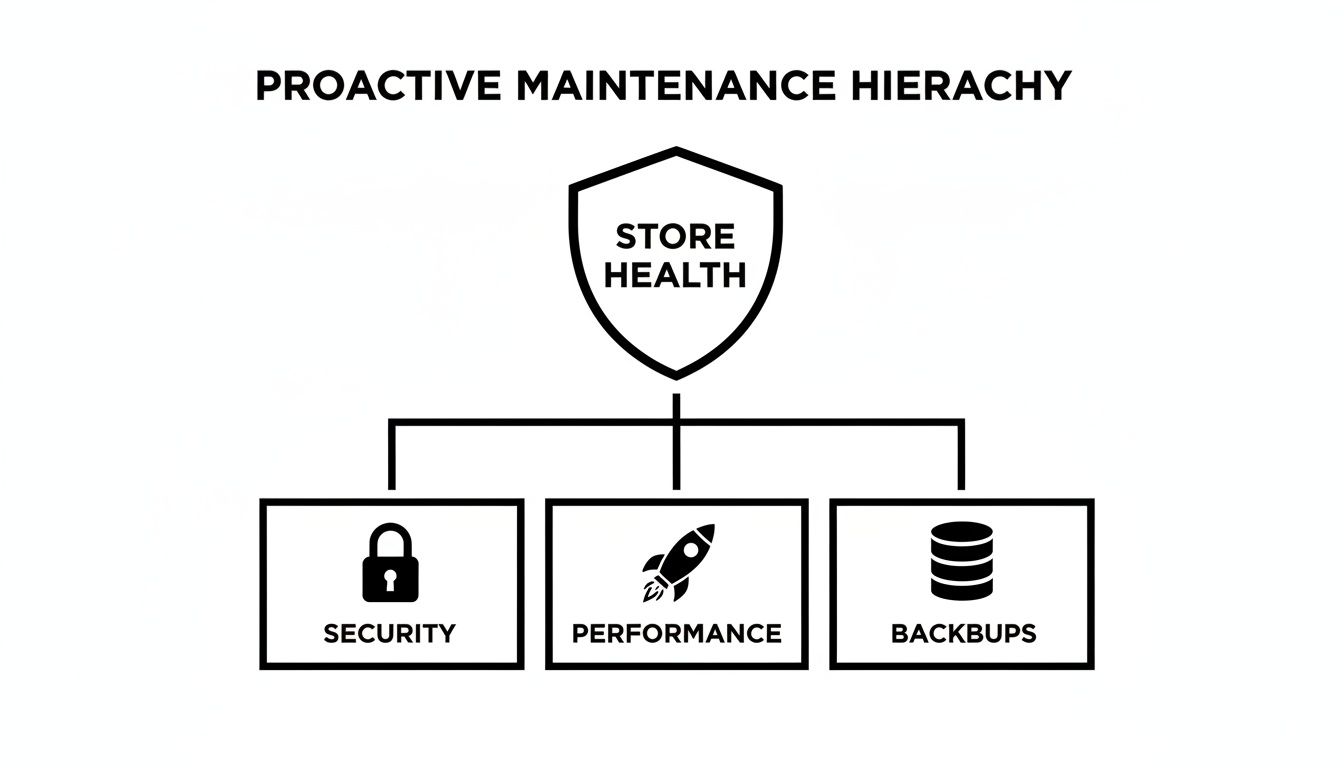 Diagram showing proactive maintenance hierarchy for store health, covering security, performance, and backups.