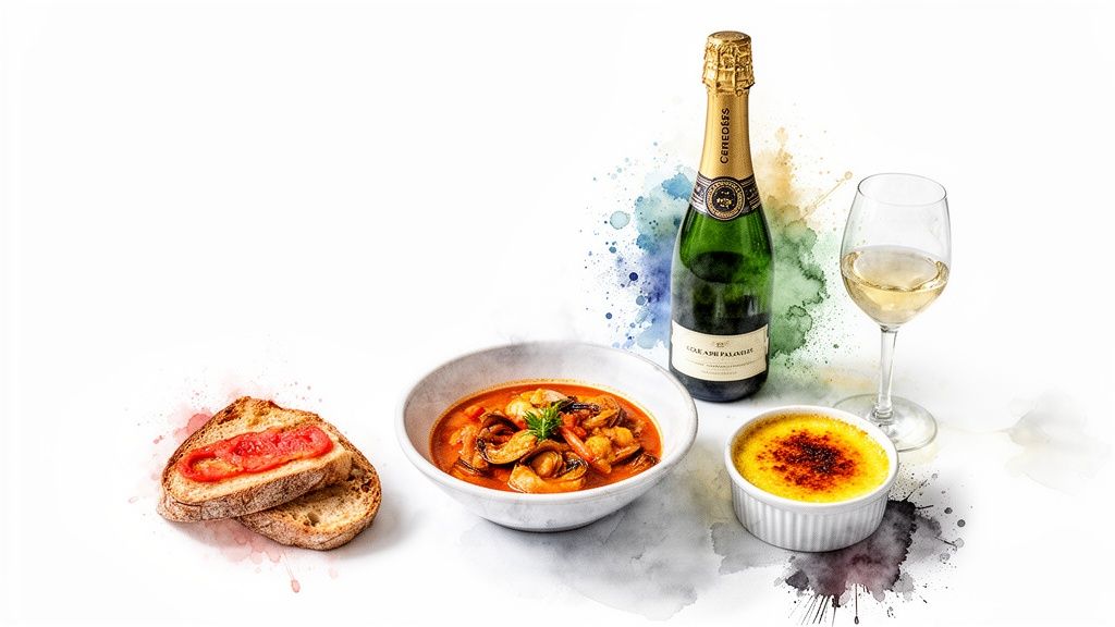 Delicious Spanish meal featuring tomato bread, seafood stew, champagne, white wine, and creme brûlée.