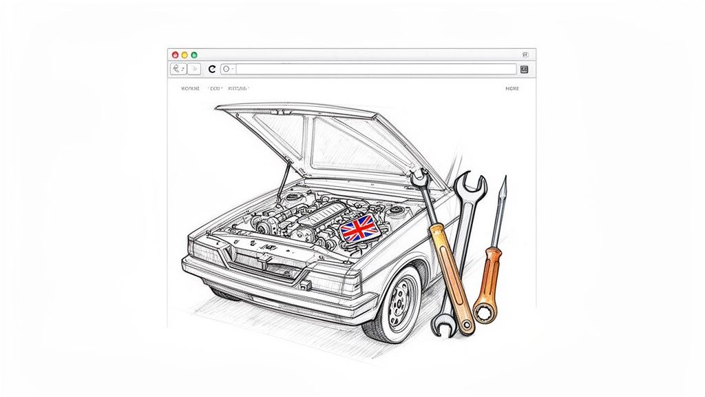 A detailed sketch of a car with its hood open, revealing an engine with a British flag, beside mechanic tools within a browser window.