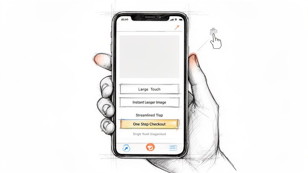 A hand-drawn sketch of a hand holding a smartphone with a 'One Step Checkout' button highlighted.