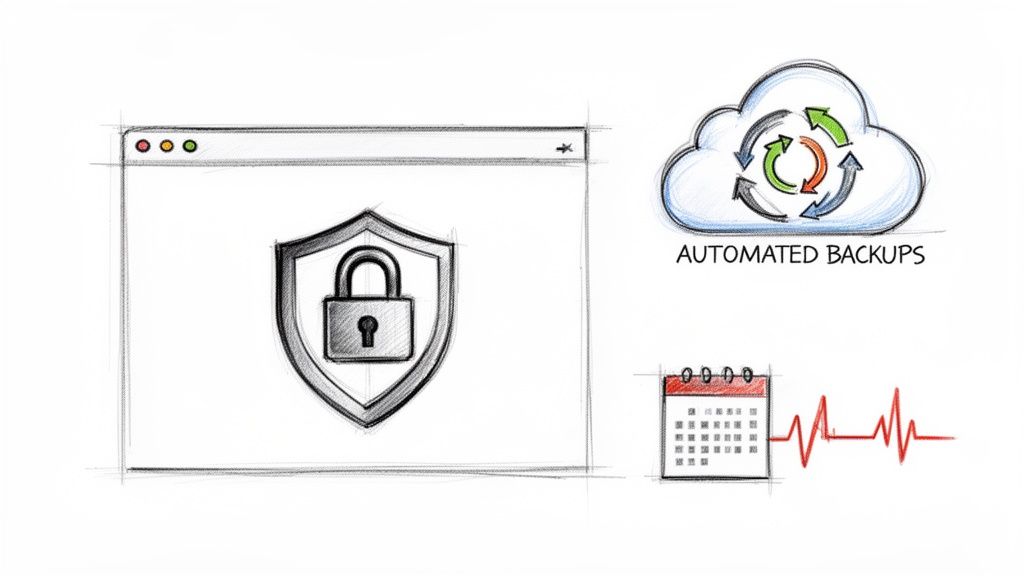 Illustration showing website security with padlock, cloud backups, and uptime monitoring calendar.