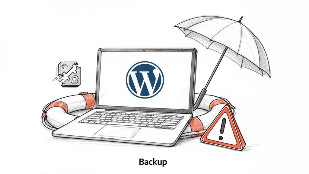 Illustration showing a WordPress laptop with backup protection: lifebuoy, umbrella, and warning sign against data loss.