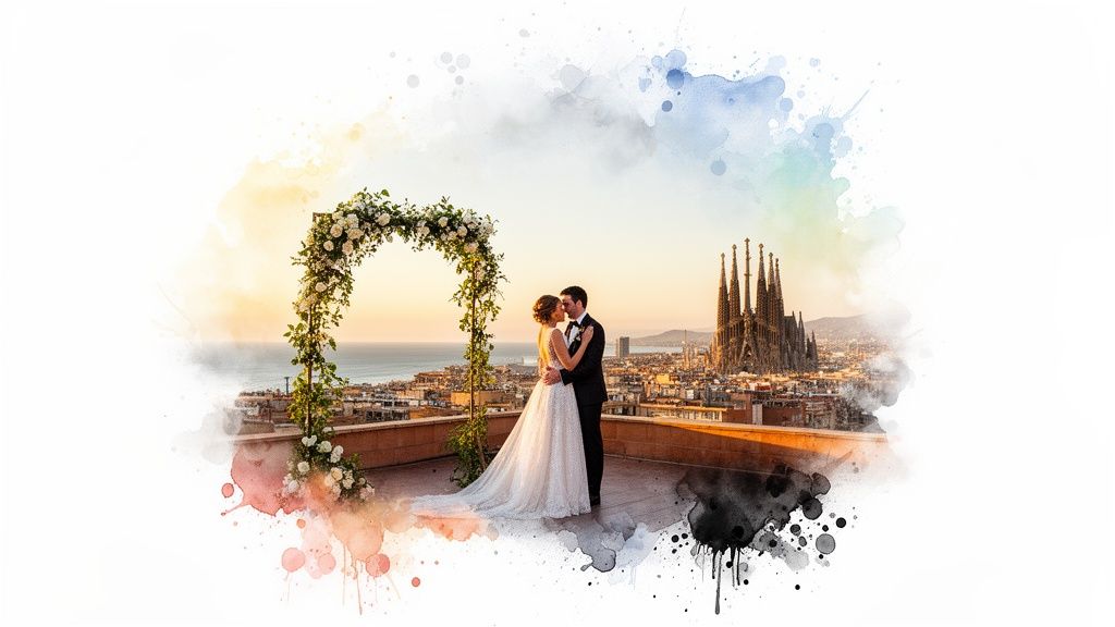 Romantic wedding photo of a couple kissing on a Barcelona rooftop with the Sagrada Familia.