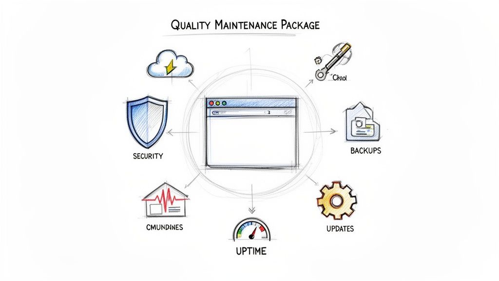 A diagram illustrating a quality website maintenance package with services like security, backups, updates, and uptime.