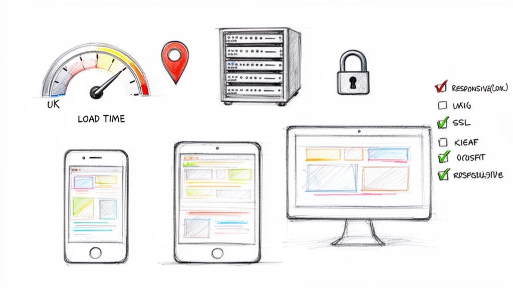 Illustration showing website optimization elements: load time, server, security (SSL), and responsive design across multiple devices.