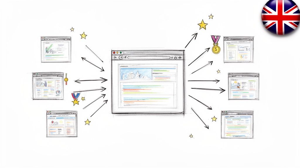 Hand-drawn illustration of multiple websites connecting to a central site, symbolizing SEO backlinking success.