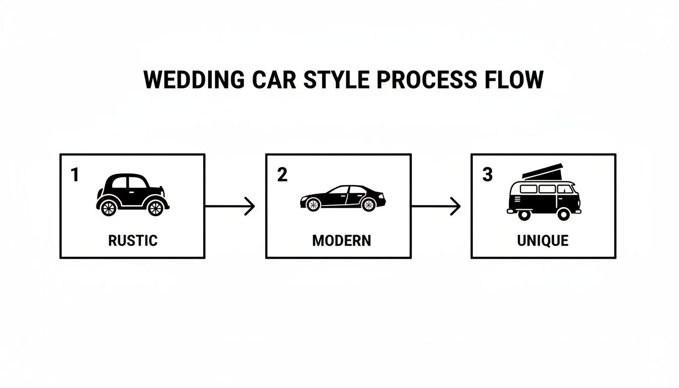 A process flow diagram showcasing three distinct wedding car styles: rustic, modern, and unique.