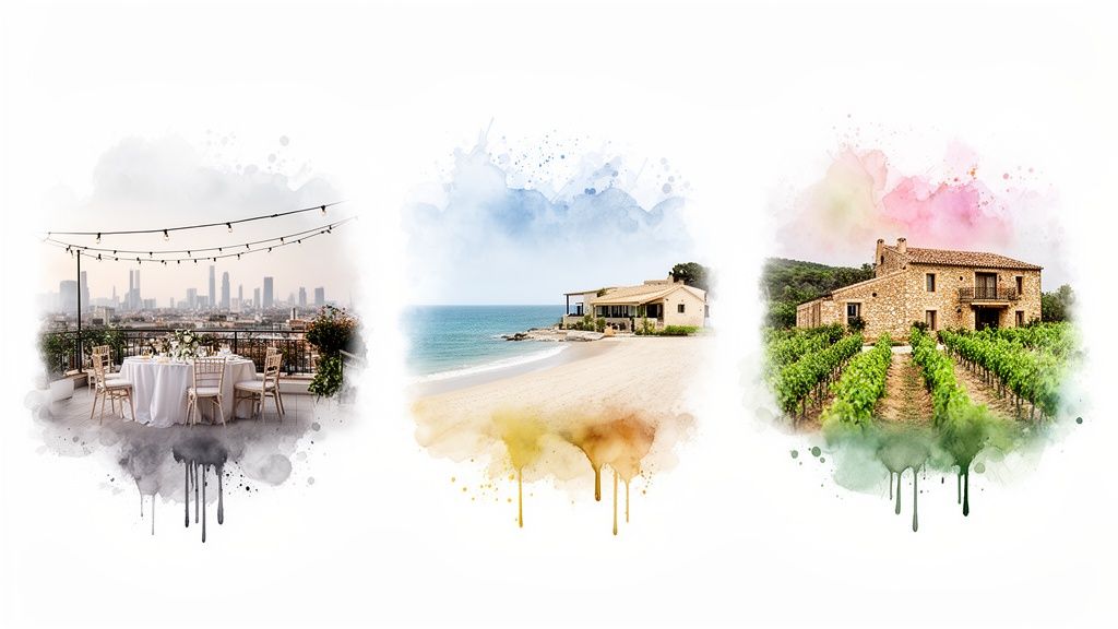 Three watercolor illustrations showing diverse wedding destinations: a city rooftop, a beach house, and a vineyard estate.