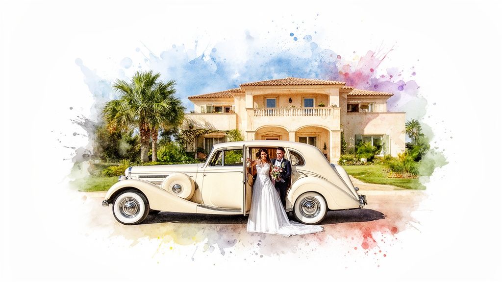 Newlyweds in a vintage cream wedding car in front of a luxury house, with watercolor artistry.