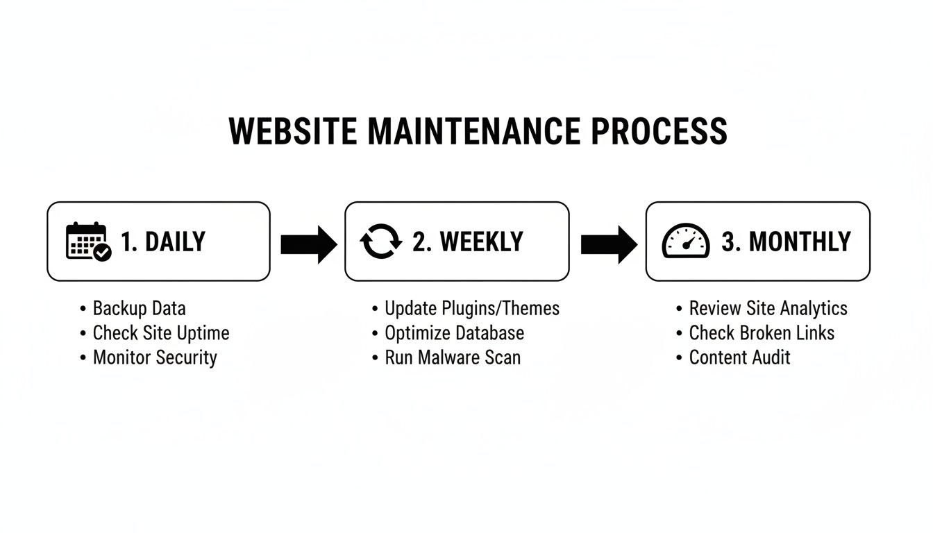 Flowchart detailing a website maintenance process, categorized into daily, weekly, and monthly tasks.