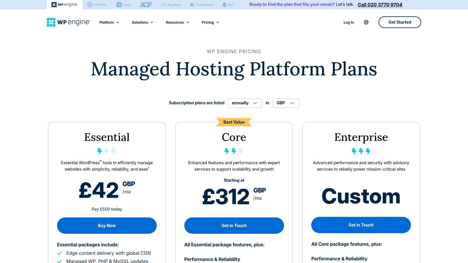 WP Engine UK hosting plans