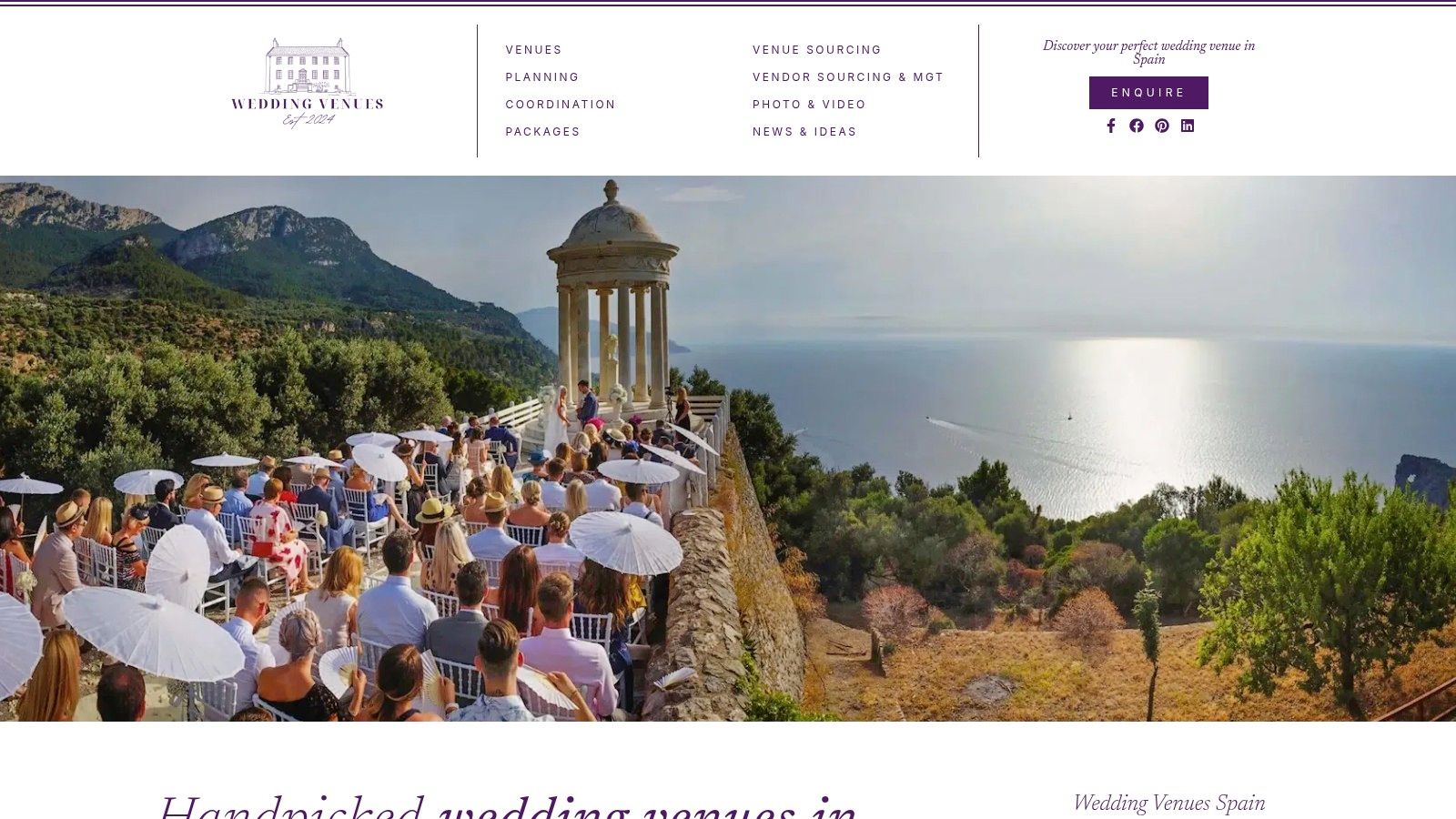 An elegant outdoor wedding reception setup in Spain.