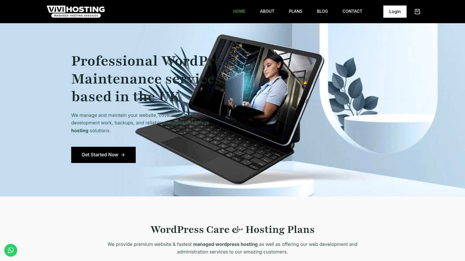 A screenshot of the Vivihosting UK WordPress hosting plans and features page