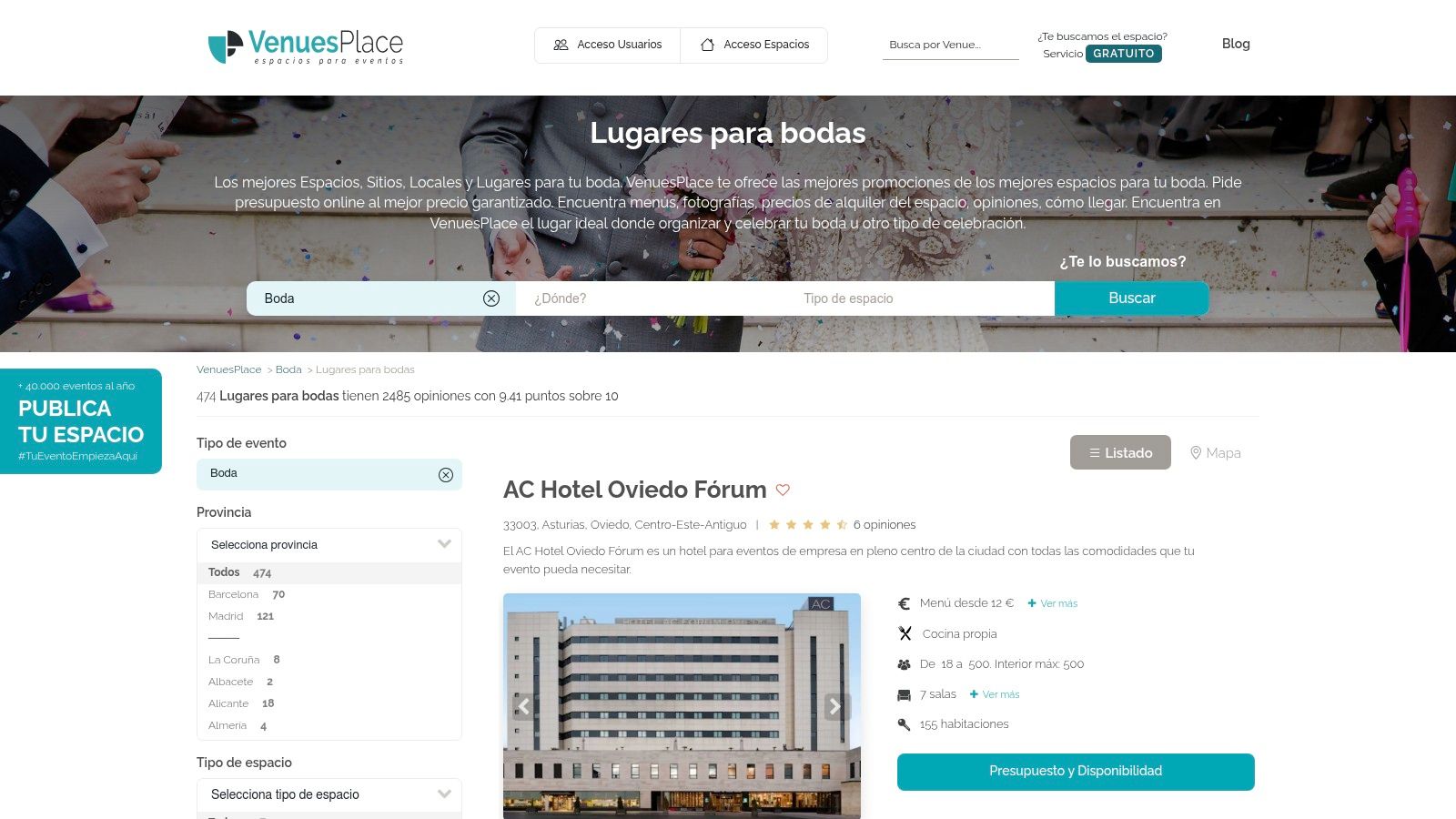 A screenshot of the VenuesPlace website showing different venue options for weddings in Spain.