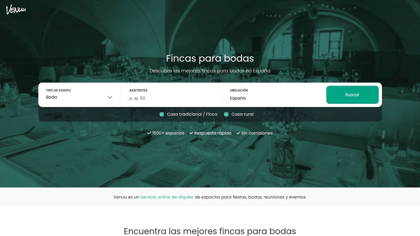 A screenshot of the Venuu (España) website showing its search and filter options for wedding venues in Spain.