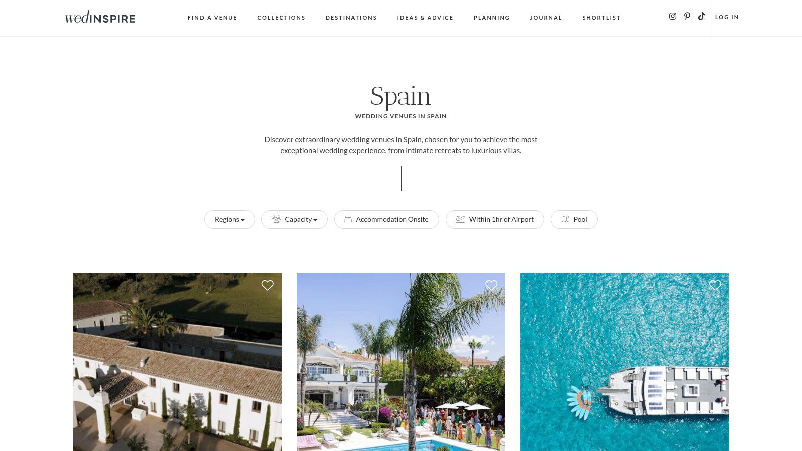 A screenshot of the Wedinspire website showing its curated collection of stylish wedding venues in Spain.