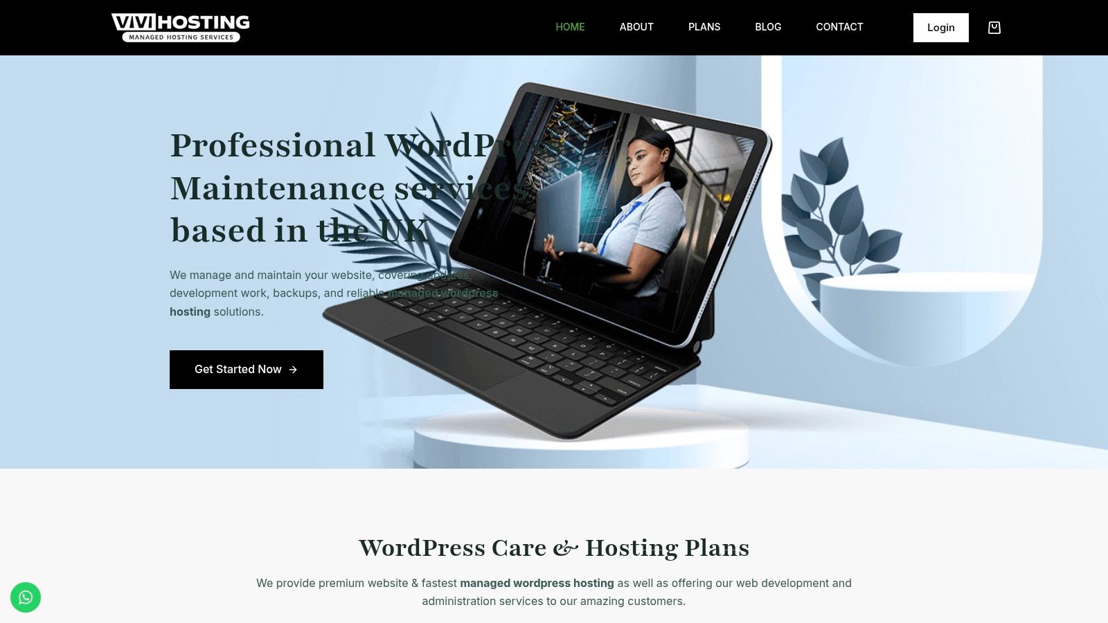 A screenshot of the Vivihosting website showcasing their WordPress services and a "Get Started" button.