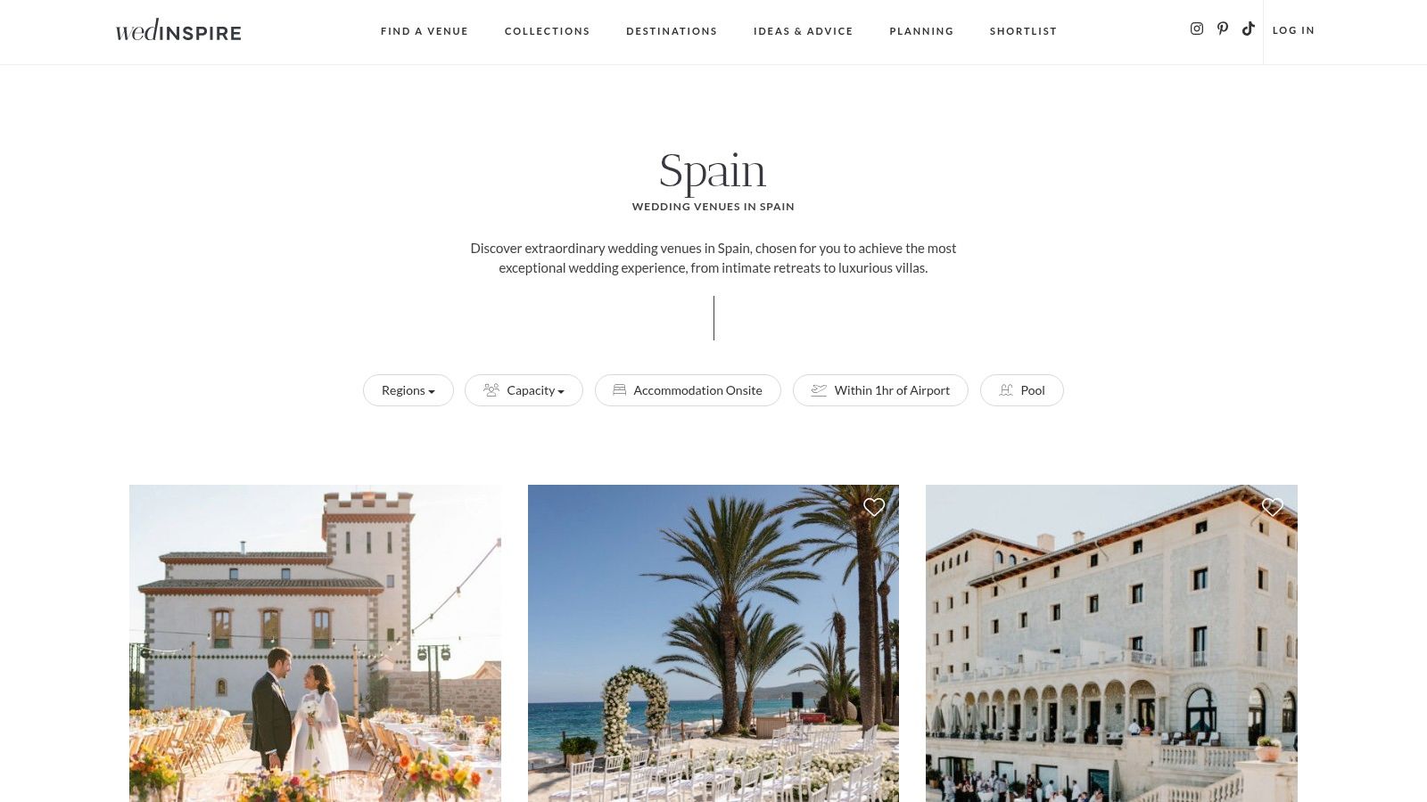A screenshot of the Wedinspire website showcasing its curated selection of Spanish wedding venues.