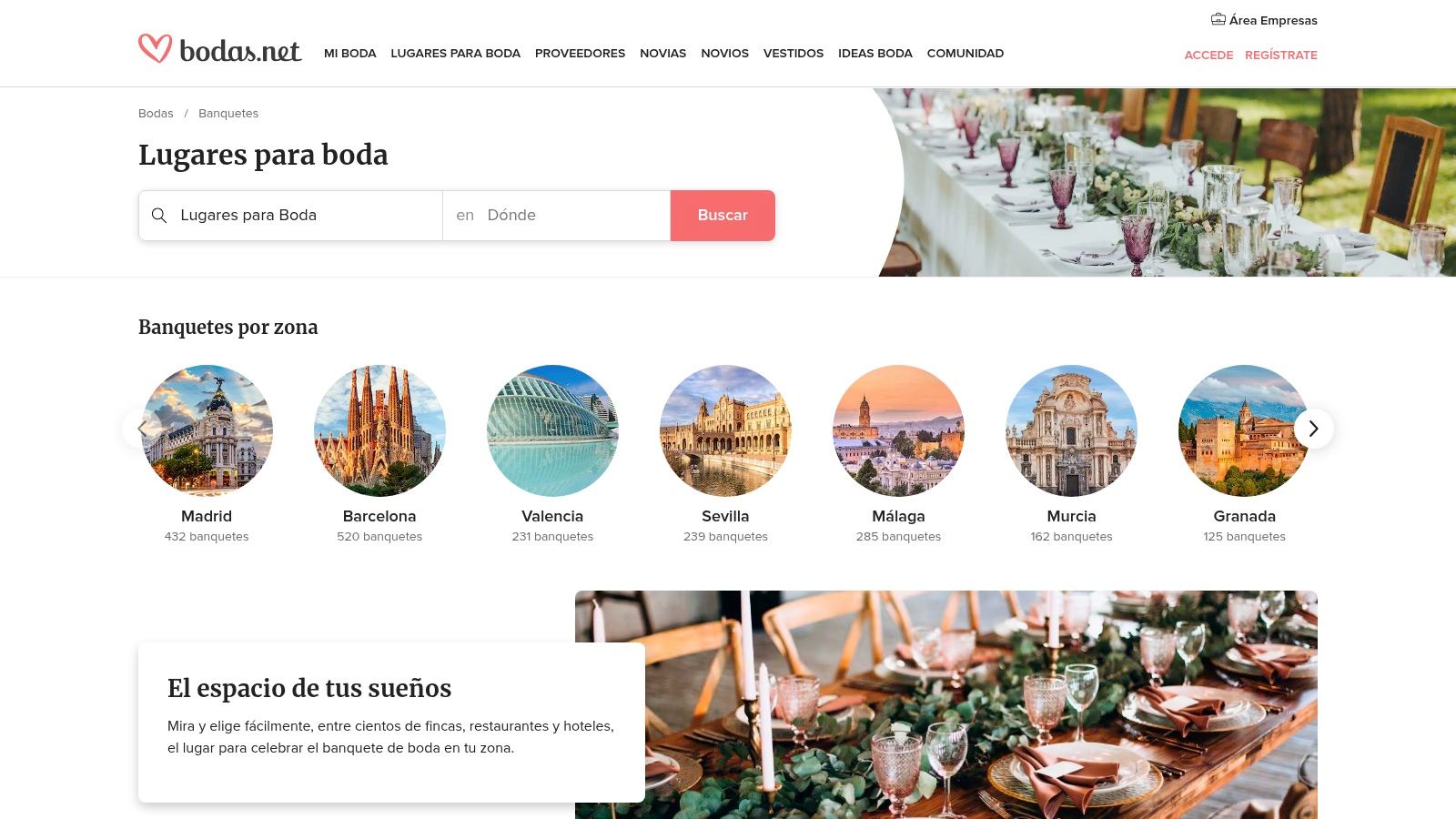 A screenshot of the Bodas.net website showcasing various wedding venue options in Spain.