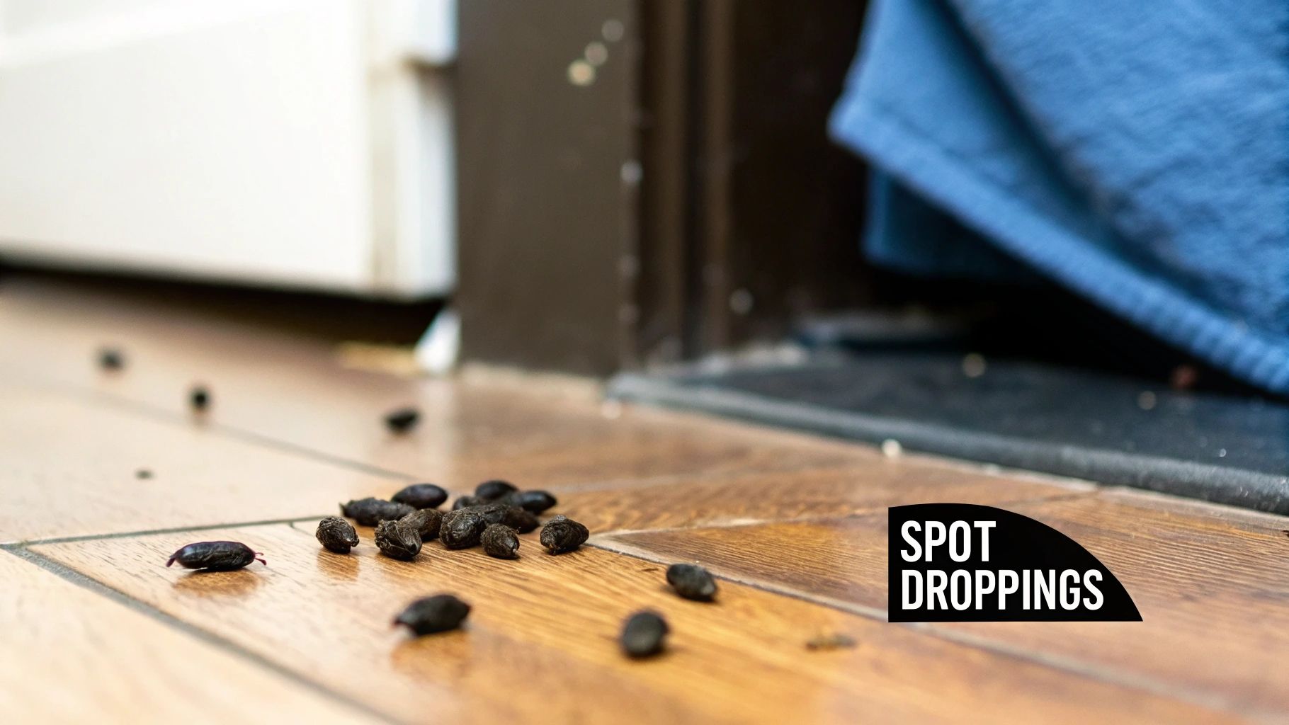 A close-up of mice droppings on a wooden surface, highlighting the need for caution.