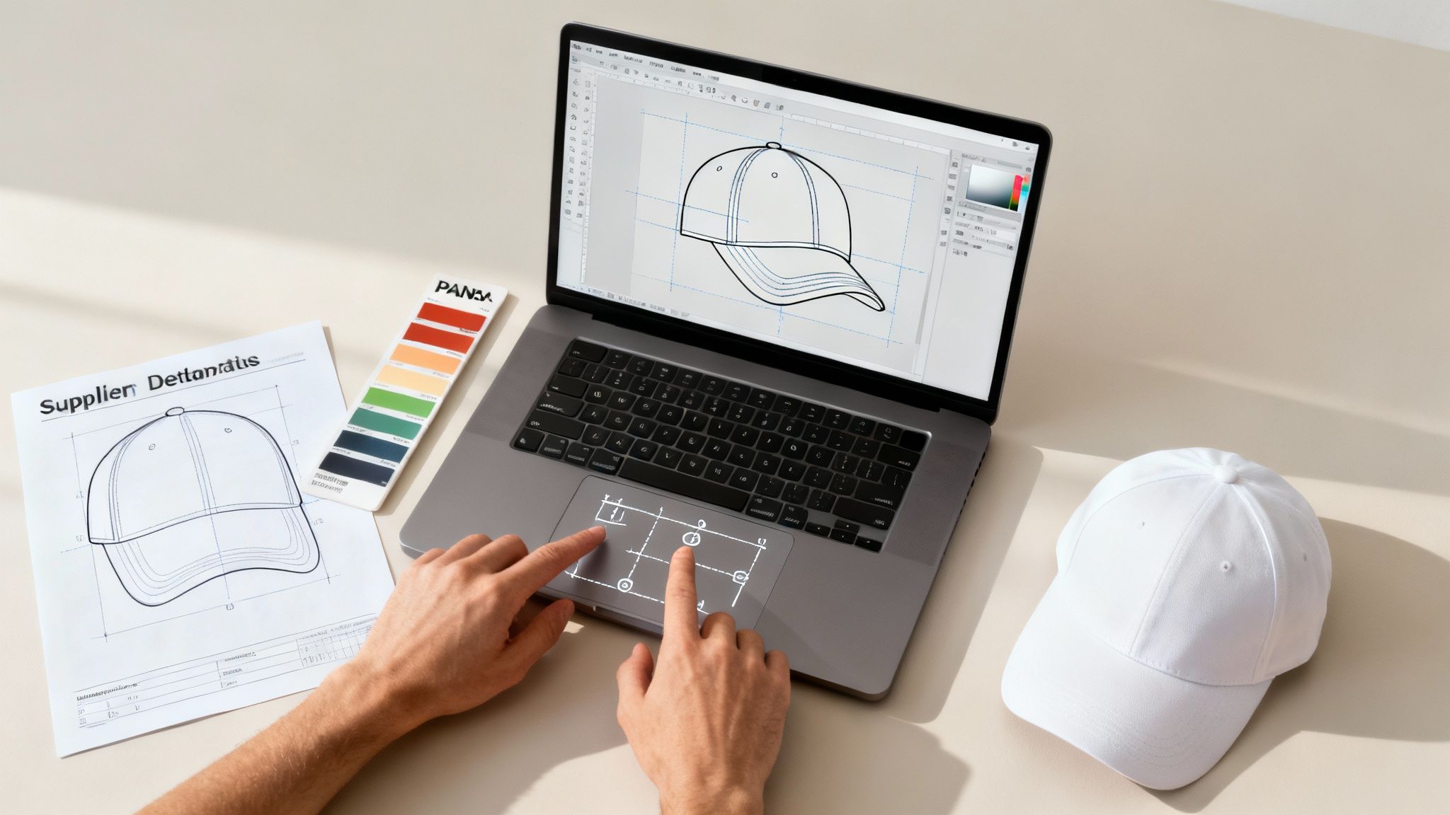 A designer working on a logo for a custom cap on a computer