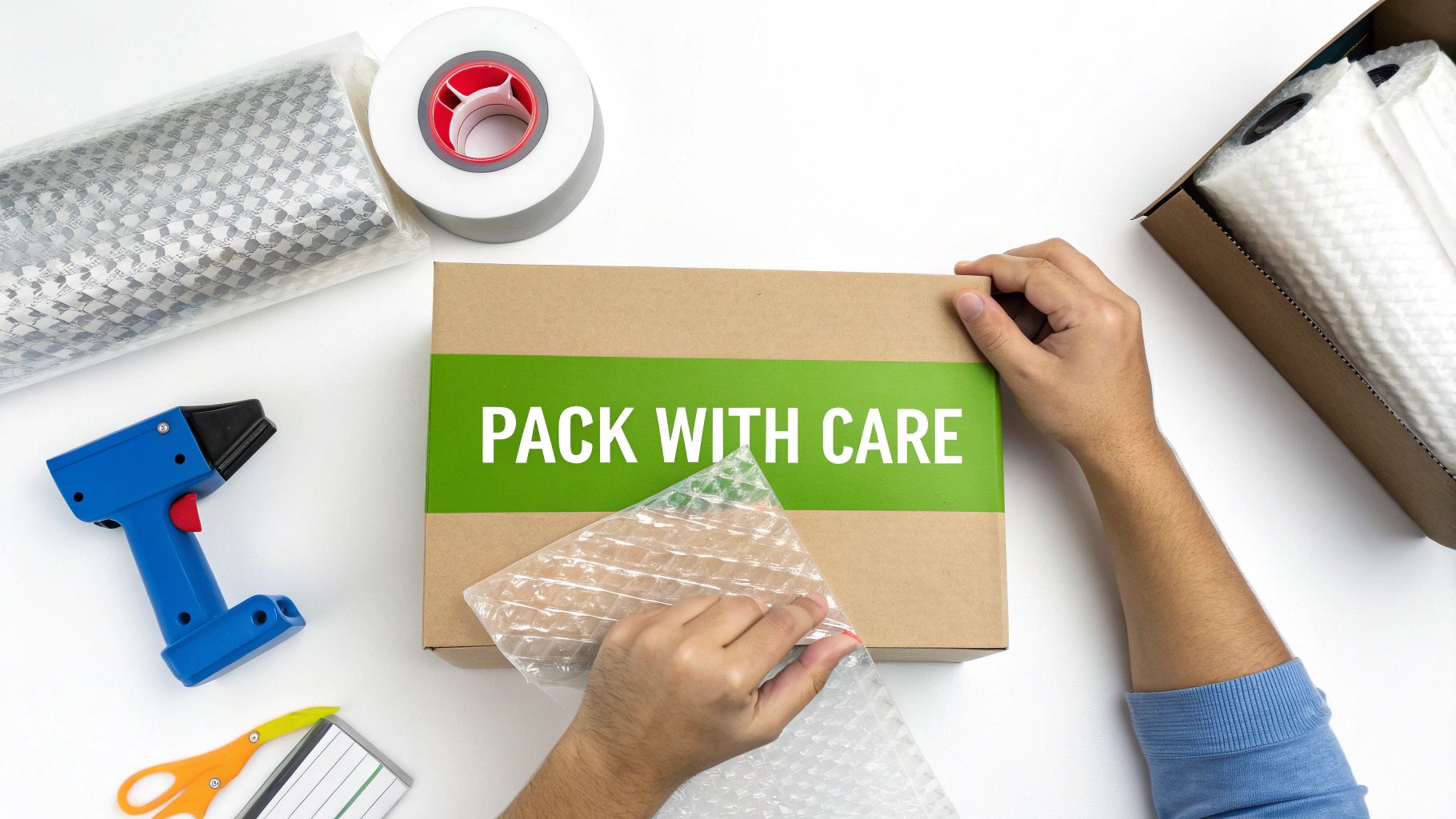 Top-down view of hands packing a brown box with bubble wrap, labeled "PACK WITH CARE."