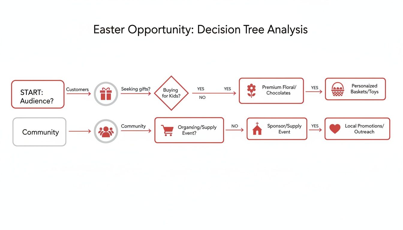 A decision tree analysis flowchart outlining Easter opportunities for customers and community engagement.