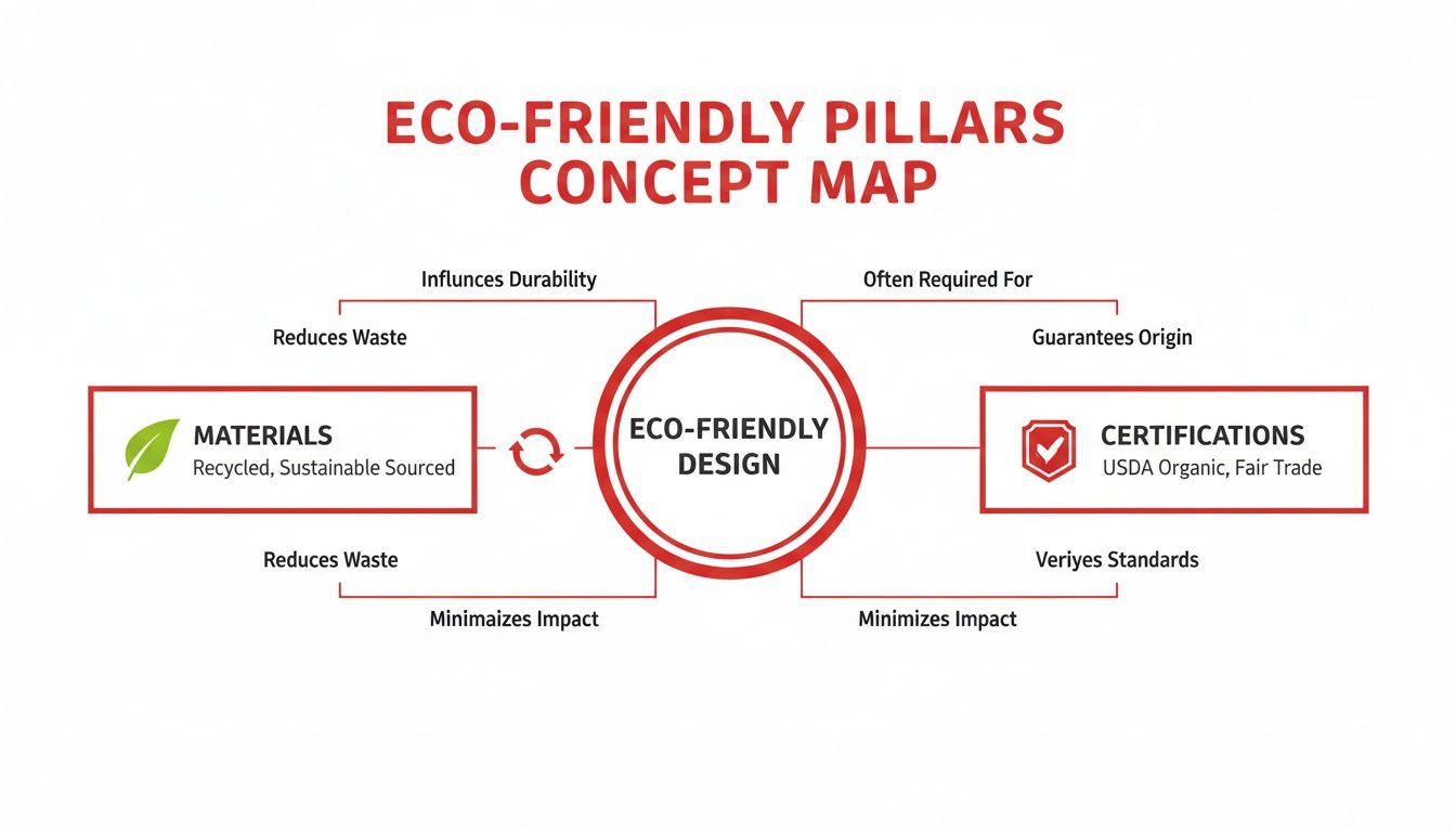 Eco-friendly pillars concept map illustrating sustainable design, materials, and certifications for minimizing impact.