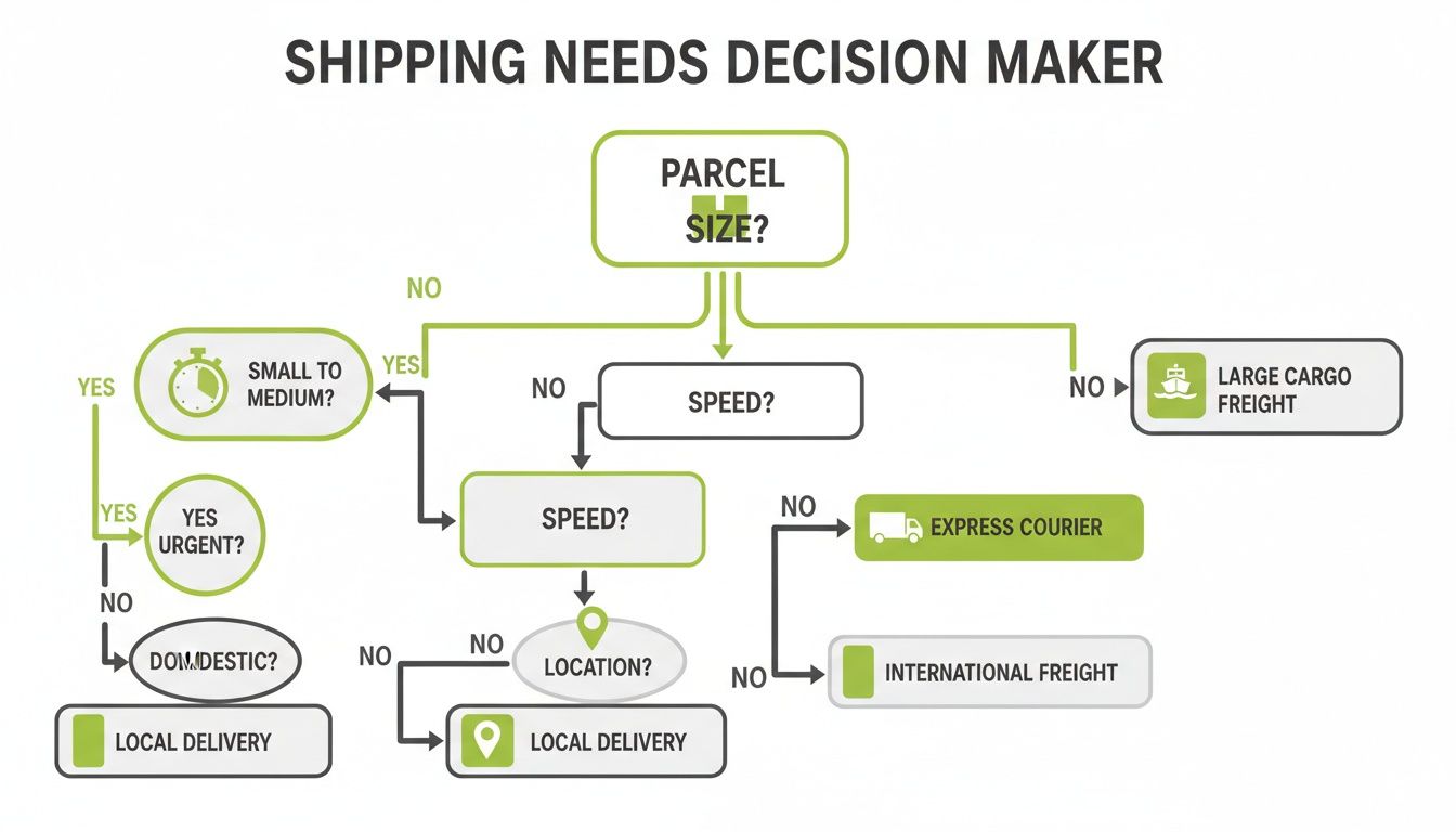 Decision-making flowchart for shipping needs, guiding users through parcel size, speed, and location to choose the best delivery service.