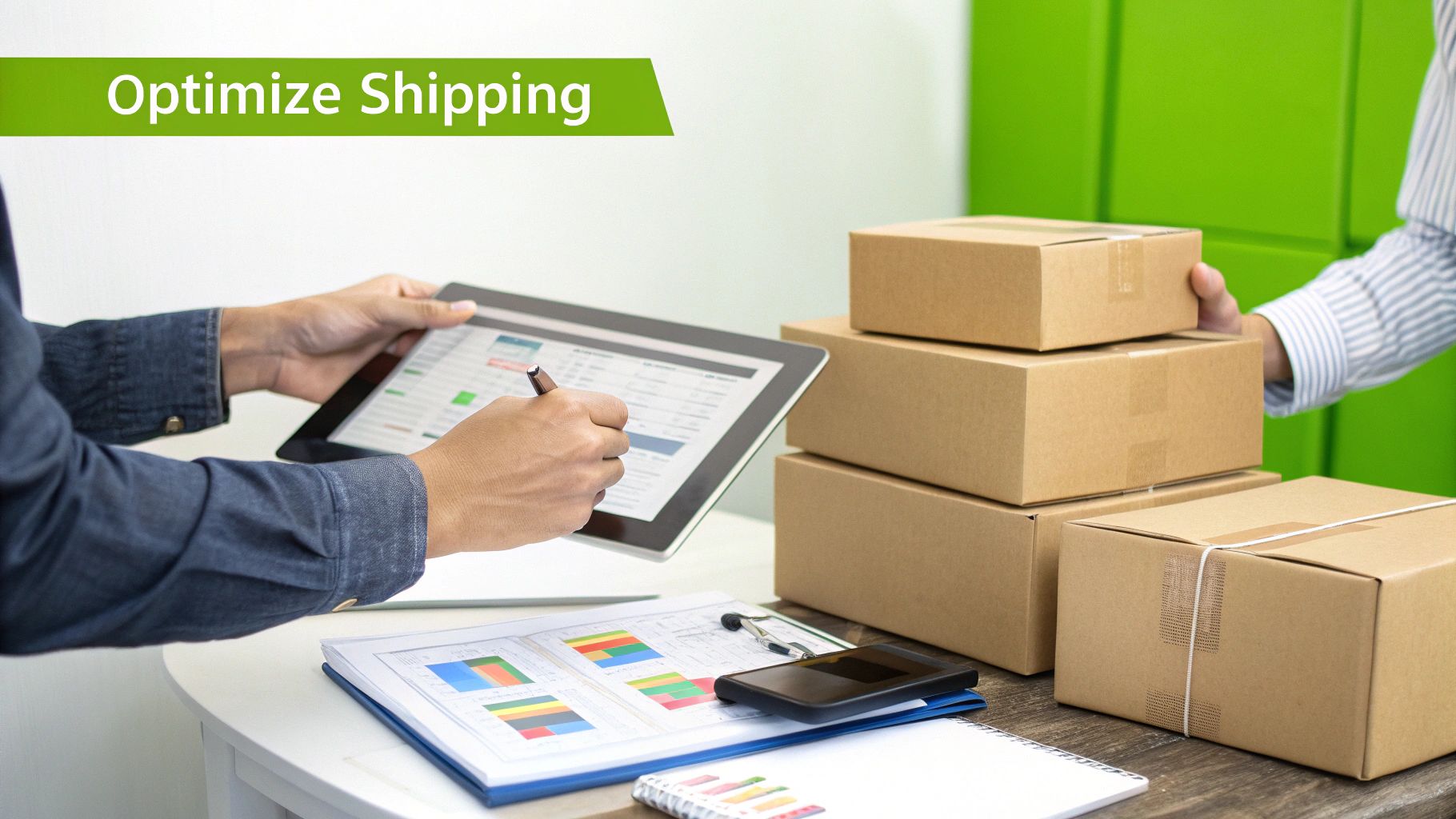 People optimize shipping logistics, one uses a tablet for data, another handles cardboard boxes.