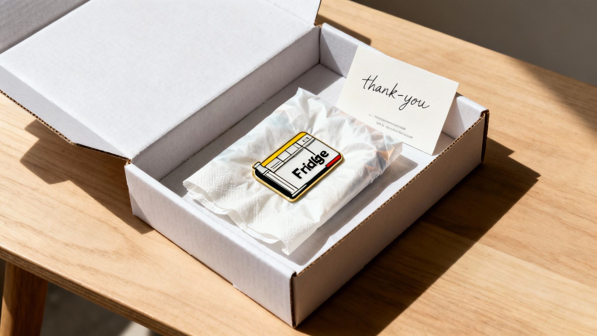 A fridge-shaped enamel pin on tissue paper inside an open white delivery box with a thank-you card.