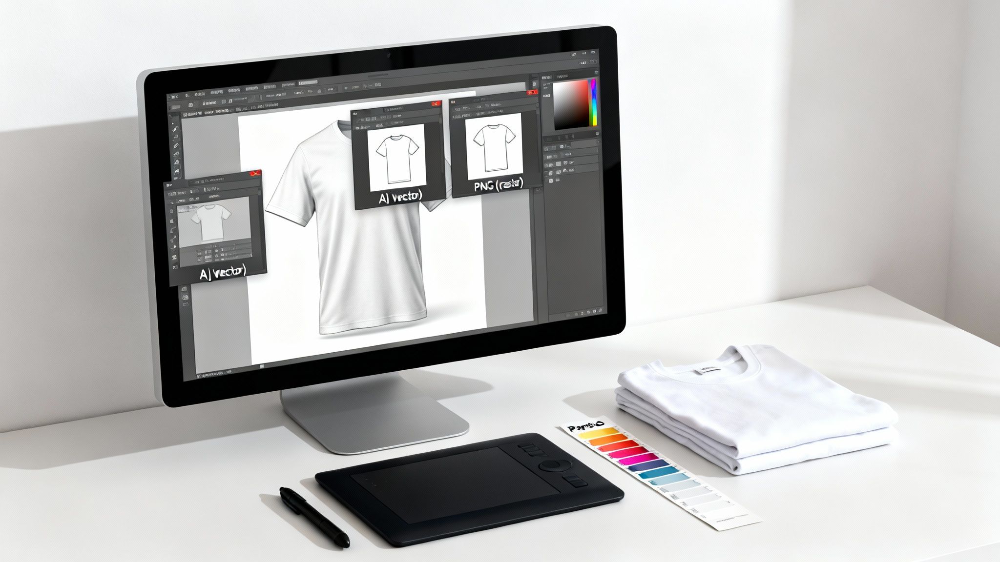 Graphic designer workspace with monitor showing t-shirt mockups, graphics tablet, and folded white t-shirts.