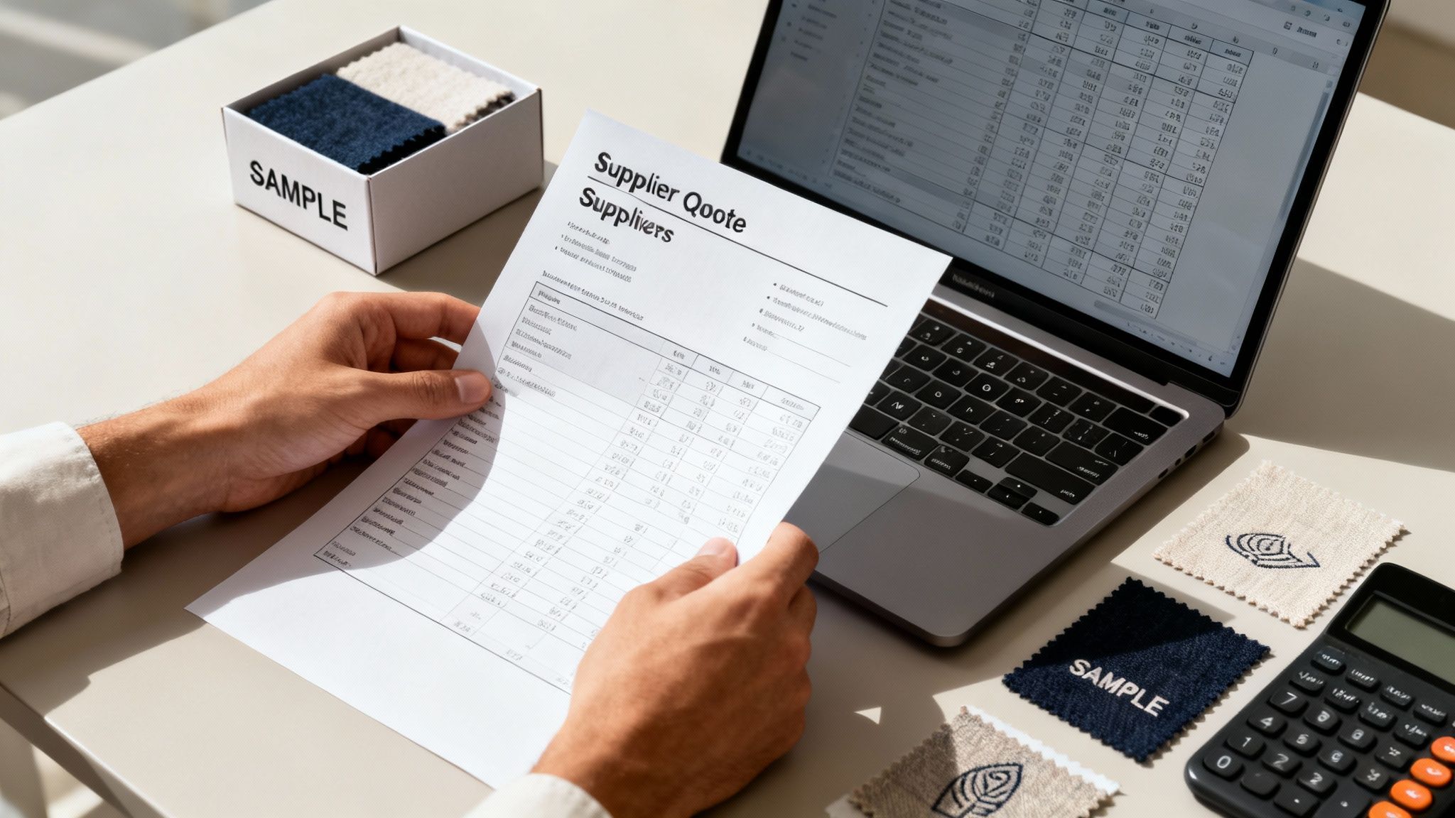 A person reviewing a supplier quote document with fabric samples, a laptop, and a calculator on a desk.