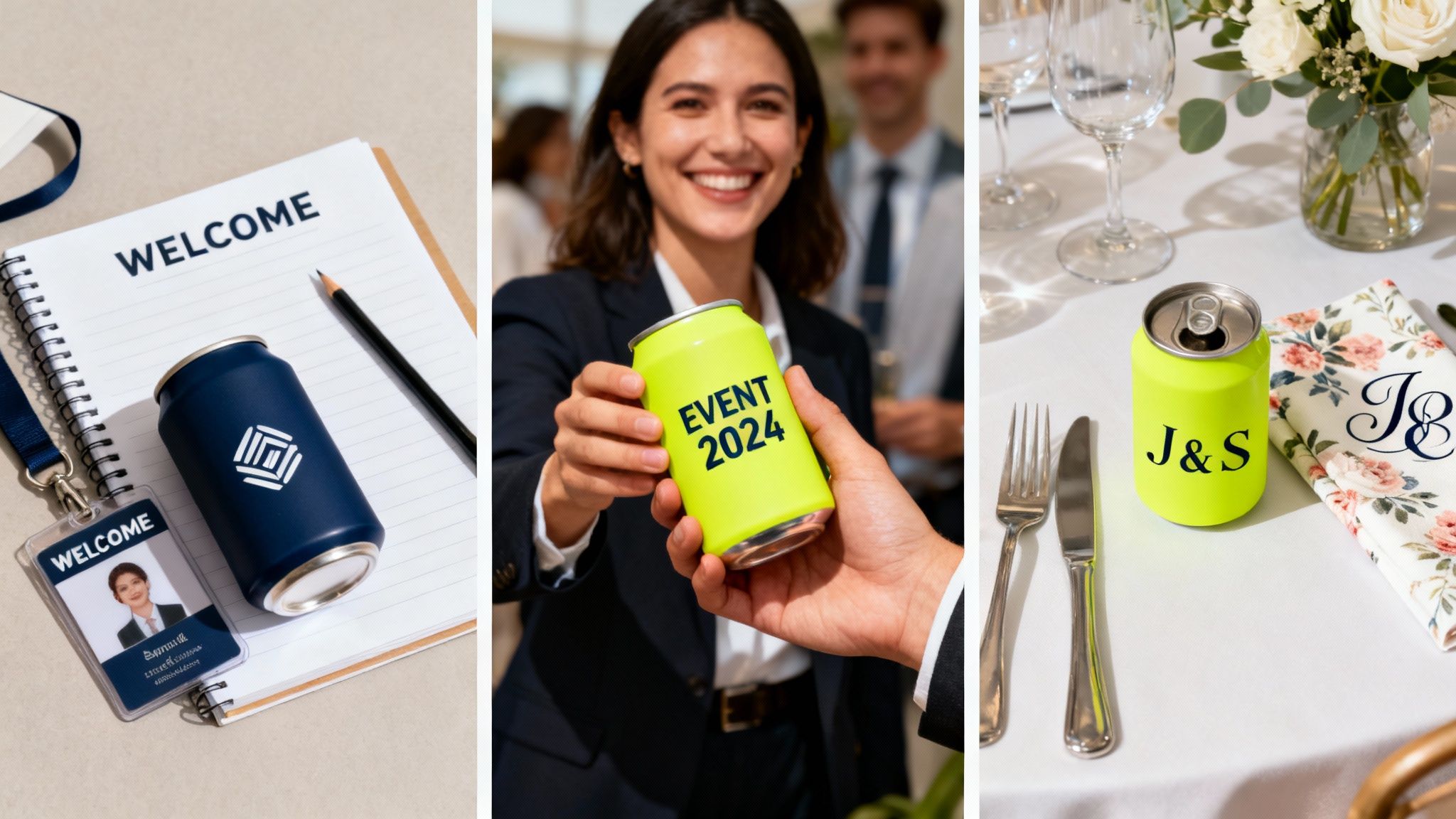 Custom branded stubby holders or cans for corporate events, promotions, and personalized celebrations like weddings.