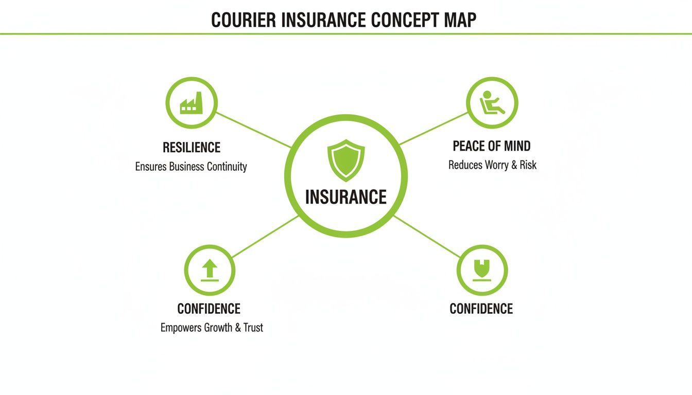 A green concept map outlines courier insurance benefits: resilience for business continuity, peace of mind, and confidence.
